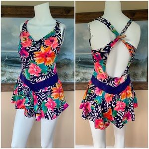 Vintage 90’s Vibrant Floral One Piece Bathing Suit || Skirt Romper Leotard M/L